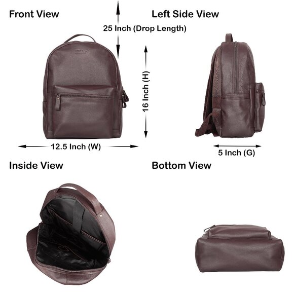 Genuine Leather Backpack,16" H Brown Travel Backpack for Women & Men | Daily Use - Picture 4 of 10